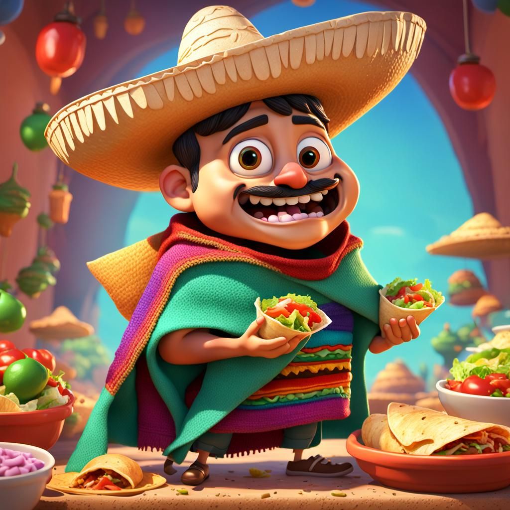 Cartoon Mexican Biting Burrito, 3D Digital Art
