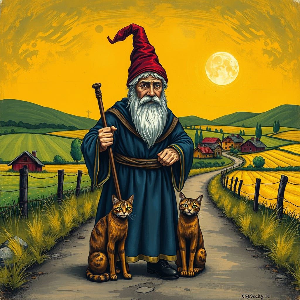 Medieval Monk and Cat in Folk Art Style