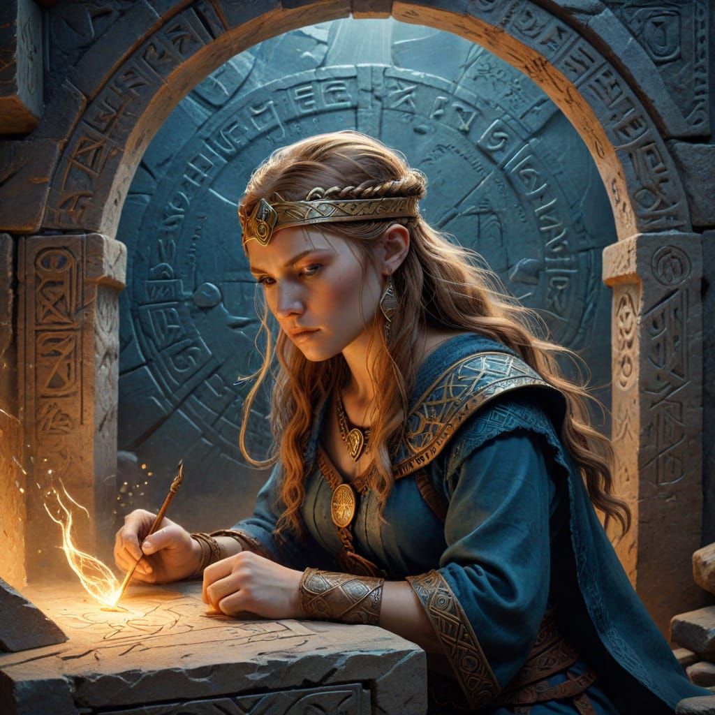 Art Nouveau Viking Woman Studying Ancient Runes