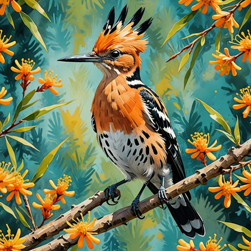 Ethereal Gouache Masterpiece of a Hoopoe Mimosa Blossom