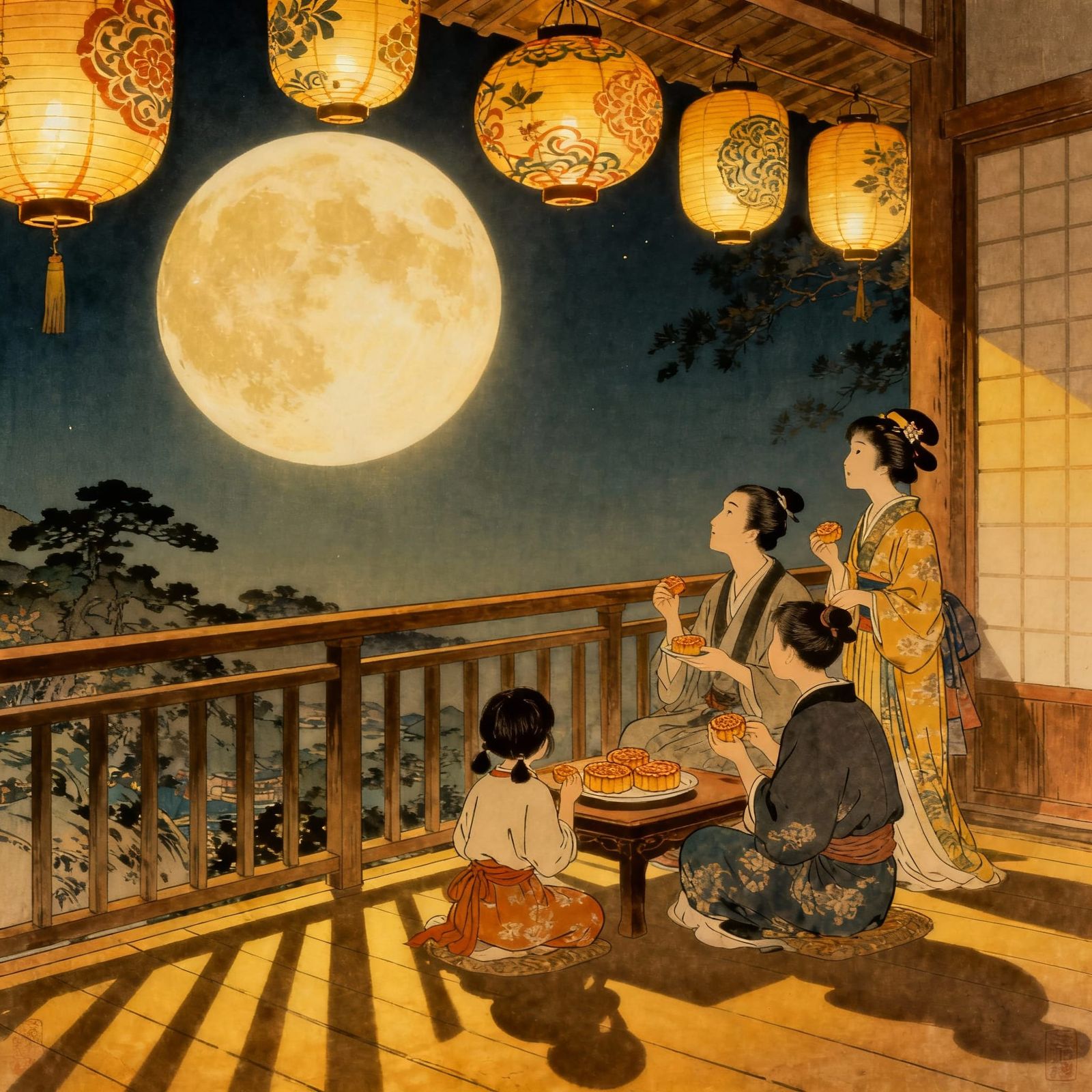 Family Mid-Autumn Festival Celebration Under Full Moon