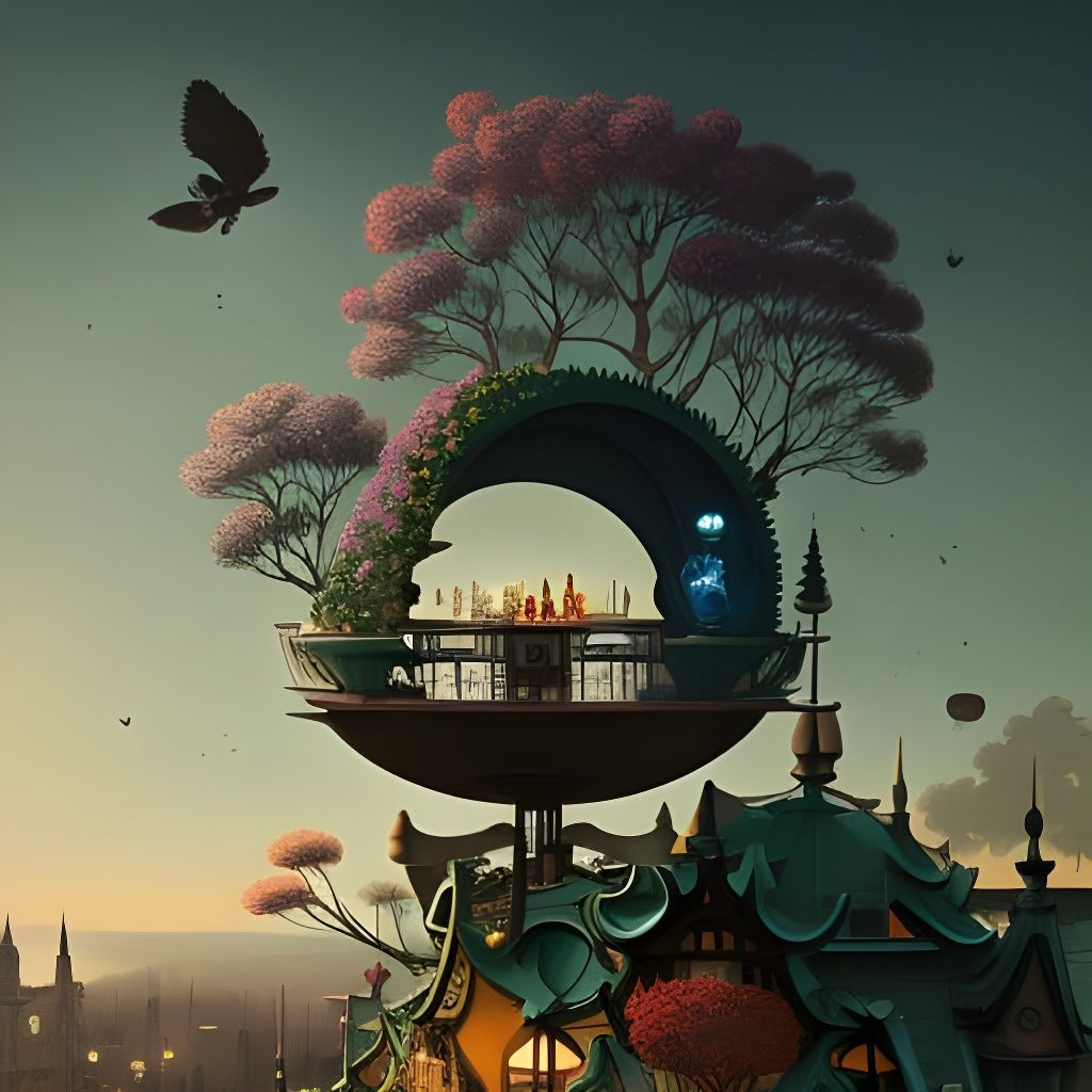 Garden Cafe Above Town in Surreal Style