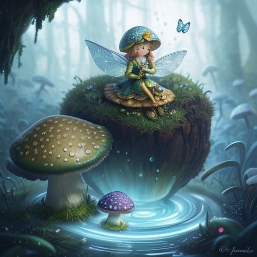 Fantastical Fairy Sits on a Dewy Mushroom in Hyperrealistic ...