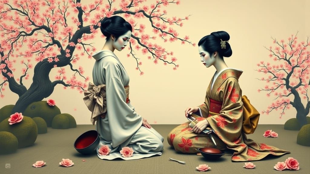 Serenely Elegant Geisha Plays Koto for Noble Samurai