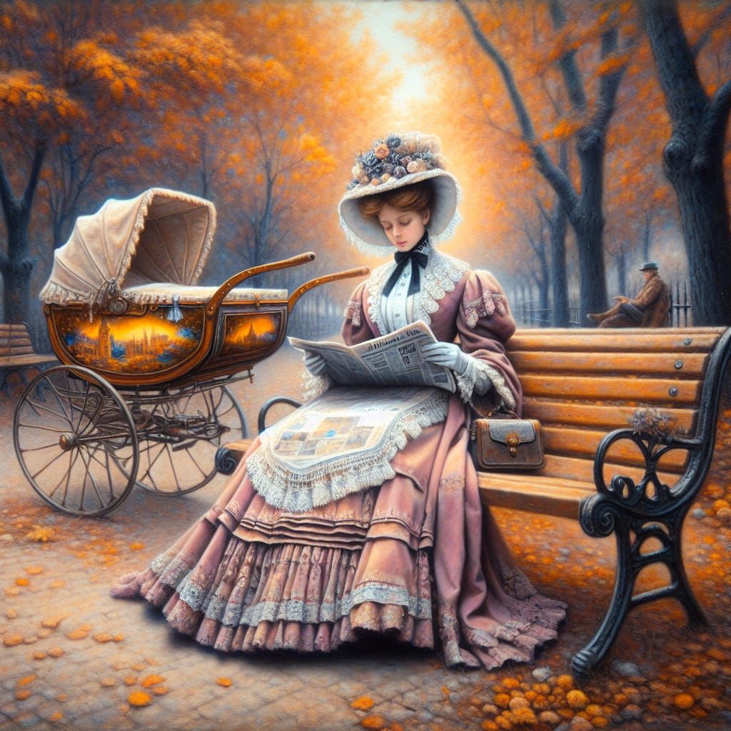 Victorian Lady Reading in Autumn Park Oil Painting