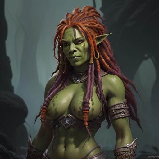 Female orc.  Green skin and long rasta orange hair.