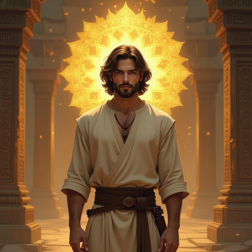 Mystical Figure Before Ancient Temple in Digital Art