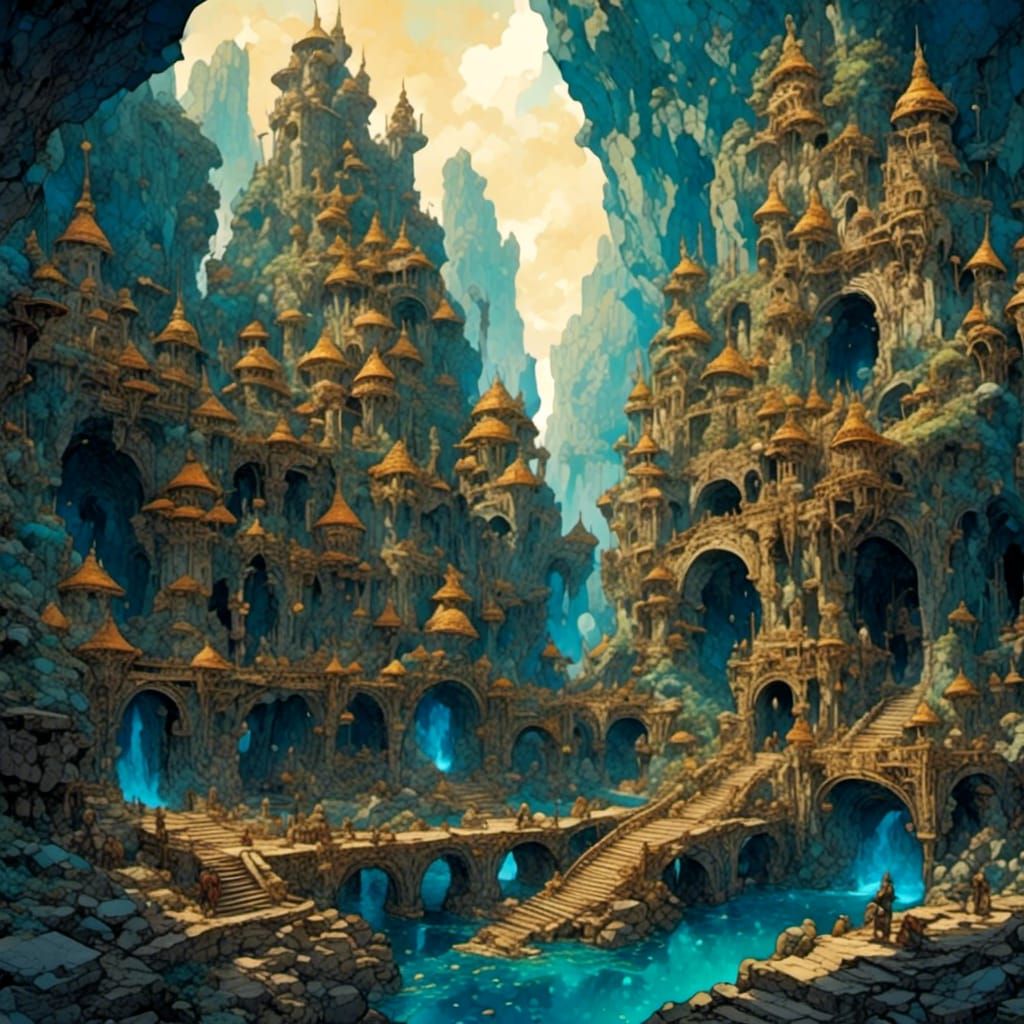 Underground Dwarven City with Ornate Stone Structures