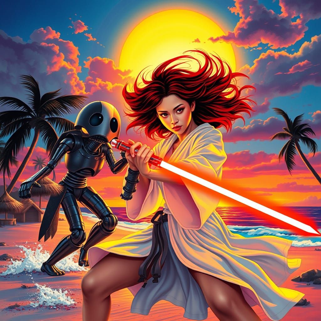 Jedi Knight Battles Android in Psychedelic Style