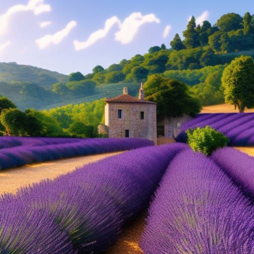 Medieval Provence House with Lavender Fields in Anime Style