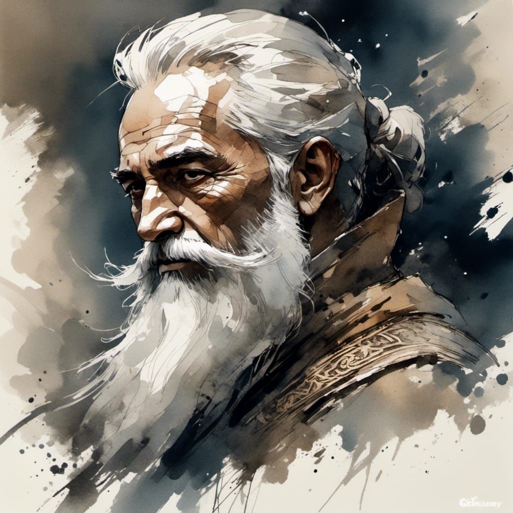 Dynamic Ink Sketch of a White-Bearded Mage
