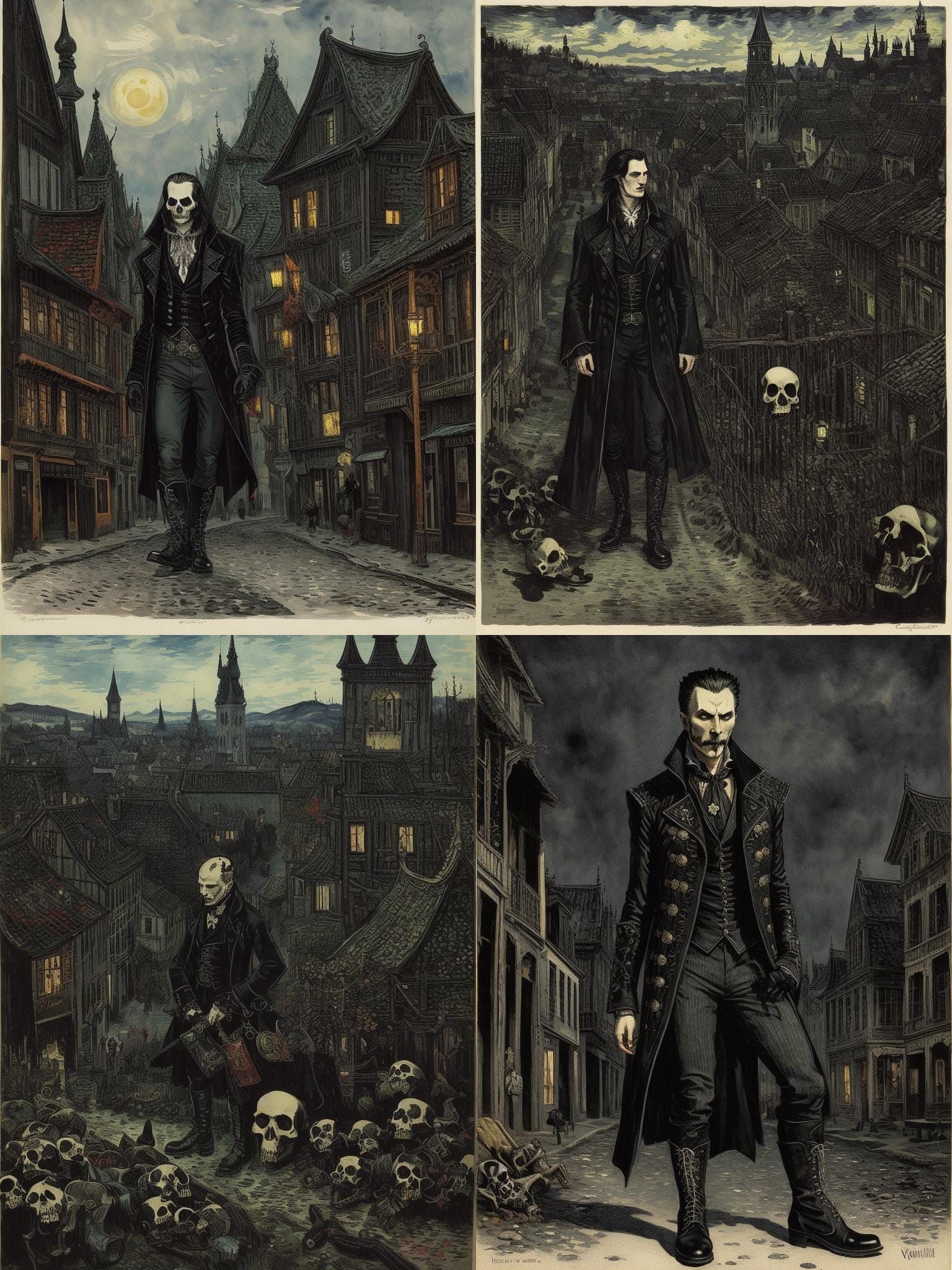 Ornate Vampire Village in Romantic Watercolor and Ink