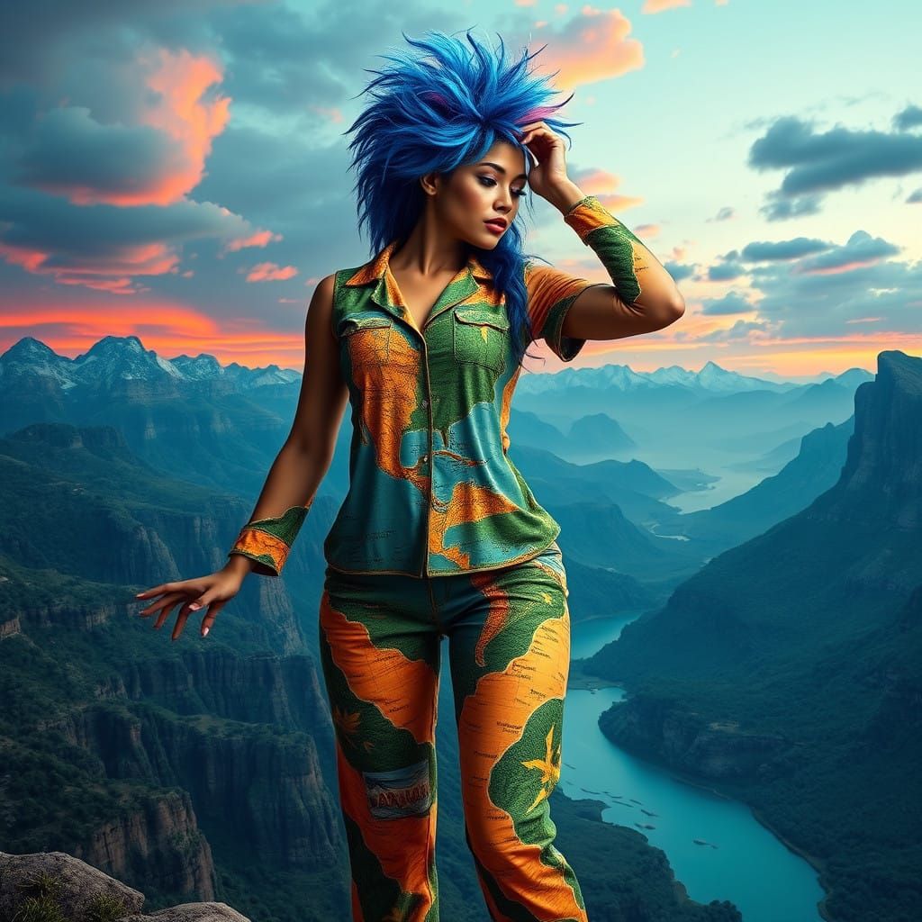 Hyperrealistic Geographical Mapwoman in Vibrant Pajamas
