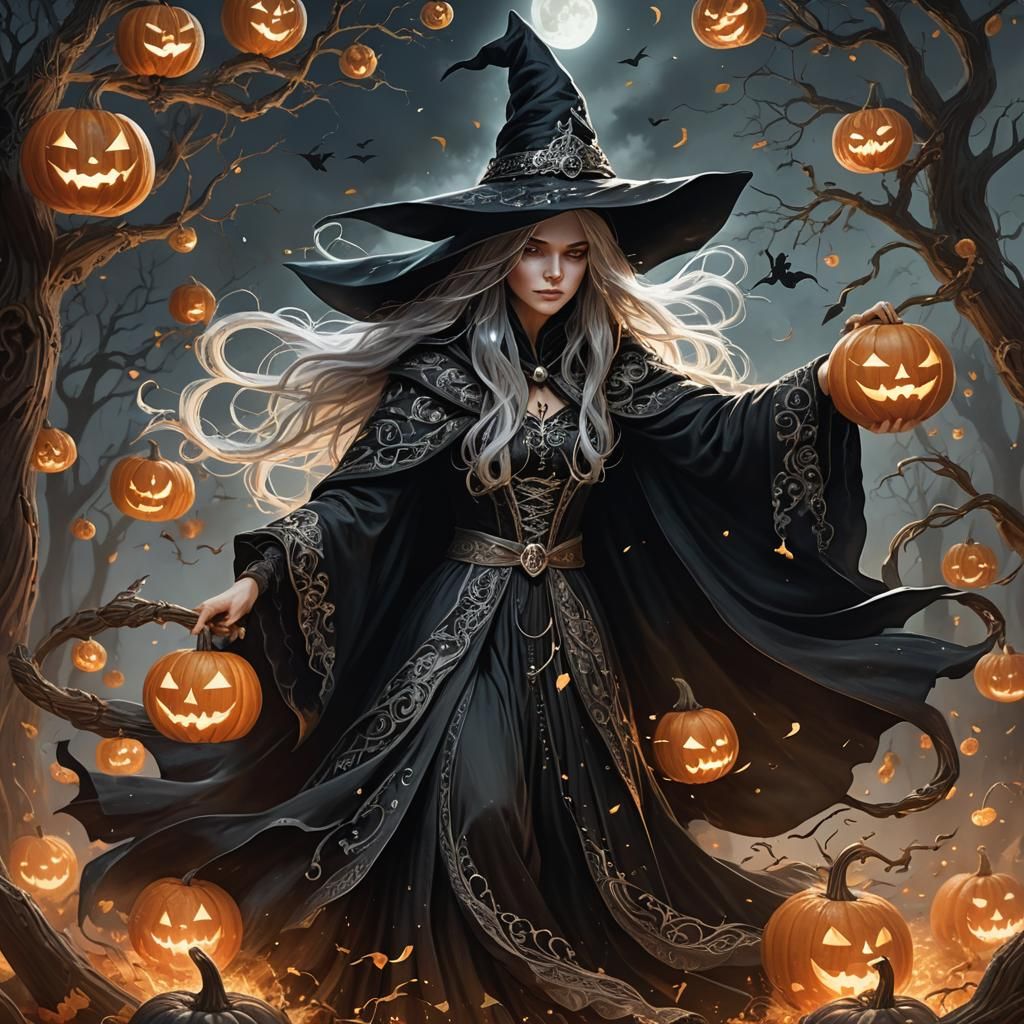 Ethereal Fantasy Art: Witch Flying with Pumpkins
