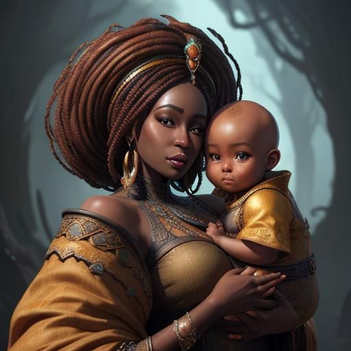 African Queen with Baby: Detailed Matte Painting