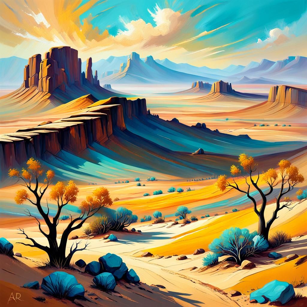 Vibrant Desert Landscape Painting in Fauvist Style