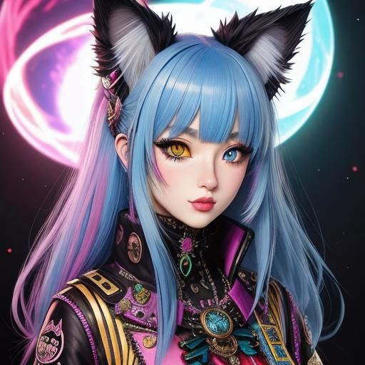 Dieselpunk Anime Girl with Cat Ears and Heterochromia