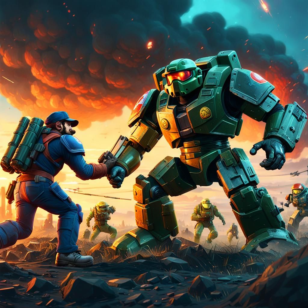 Epic Battle: Mario vs Master Chief in Matte Painting Style