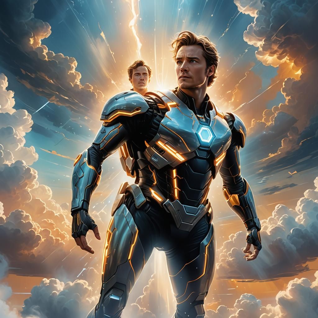 Tron-Inspired Figure Emanating Light in the Clouds