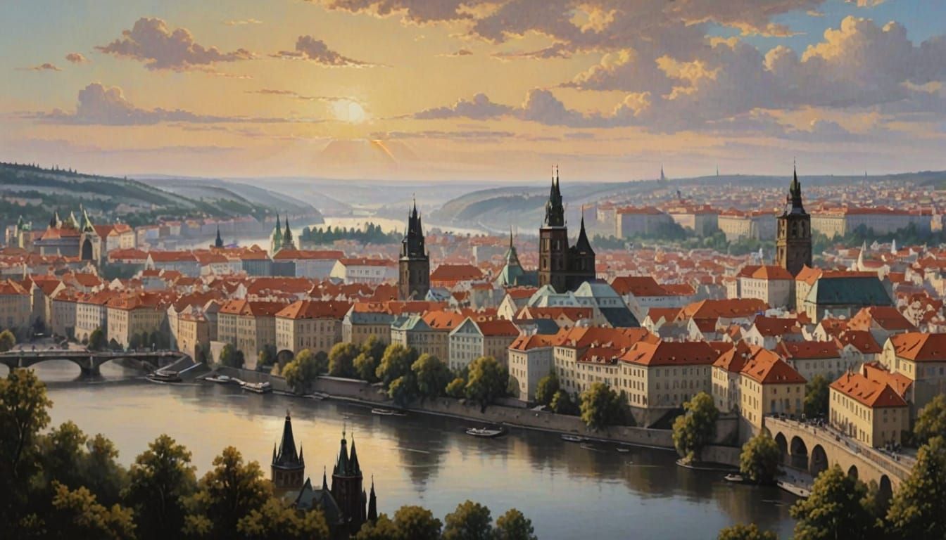 Prague Cityscape in Vibrant Acrylic Colors