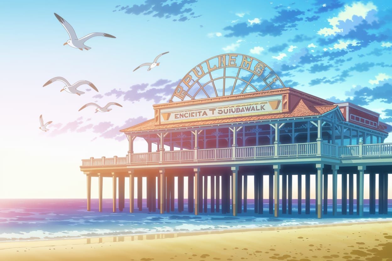 Sunset Beach Boardwalk in Anime Style