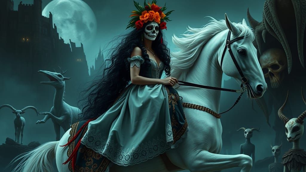 Regal Woman in Day of the Dead Mask on Ethereal Horse