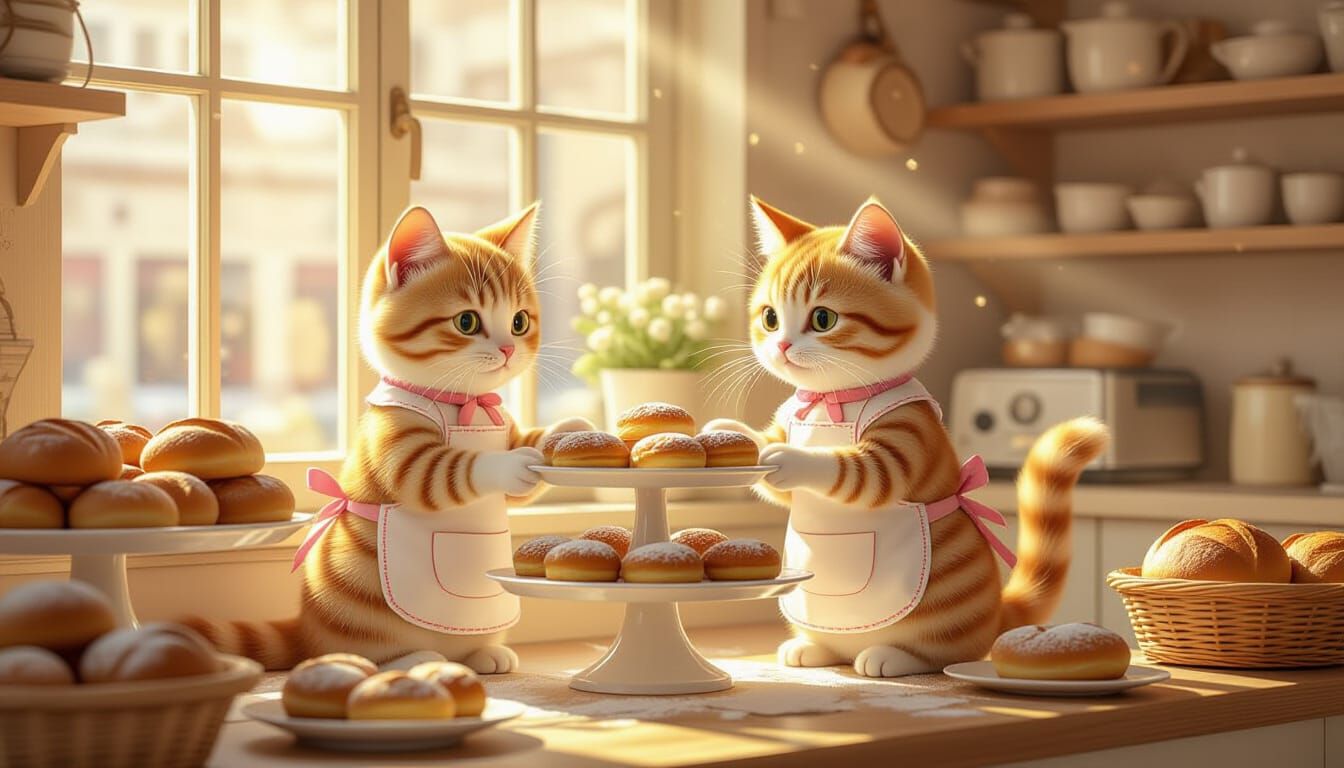 Whimsical Cat Bakers Arranging Pastries in Sunny Bakery
