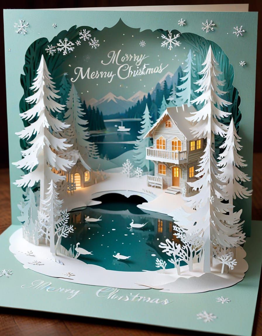 Whimsical Christmas Card Design with Snowy Cabin Scene