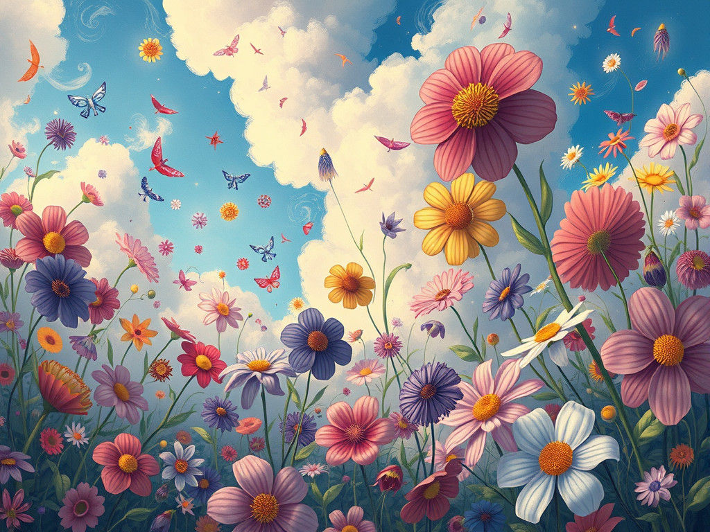 Dreamlike Sky Filled with Vibrant Flowers