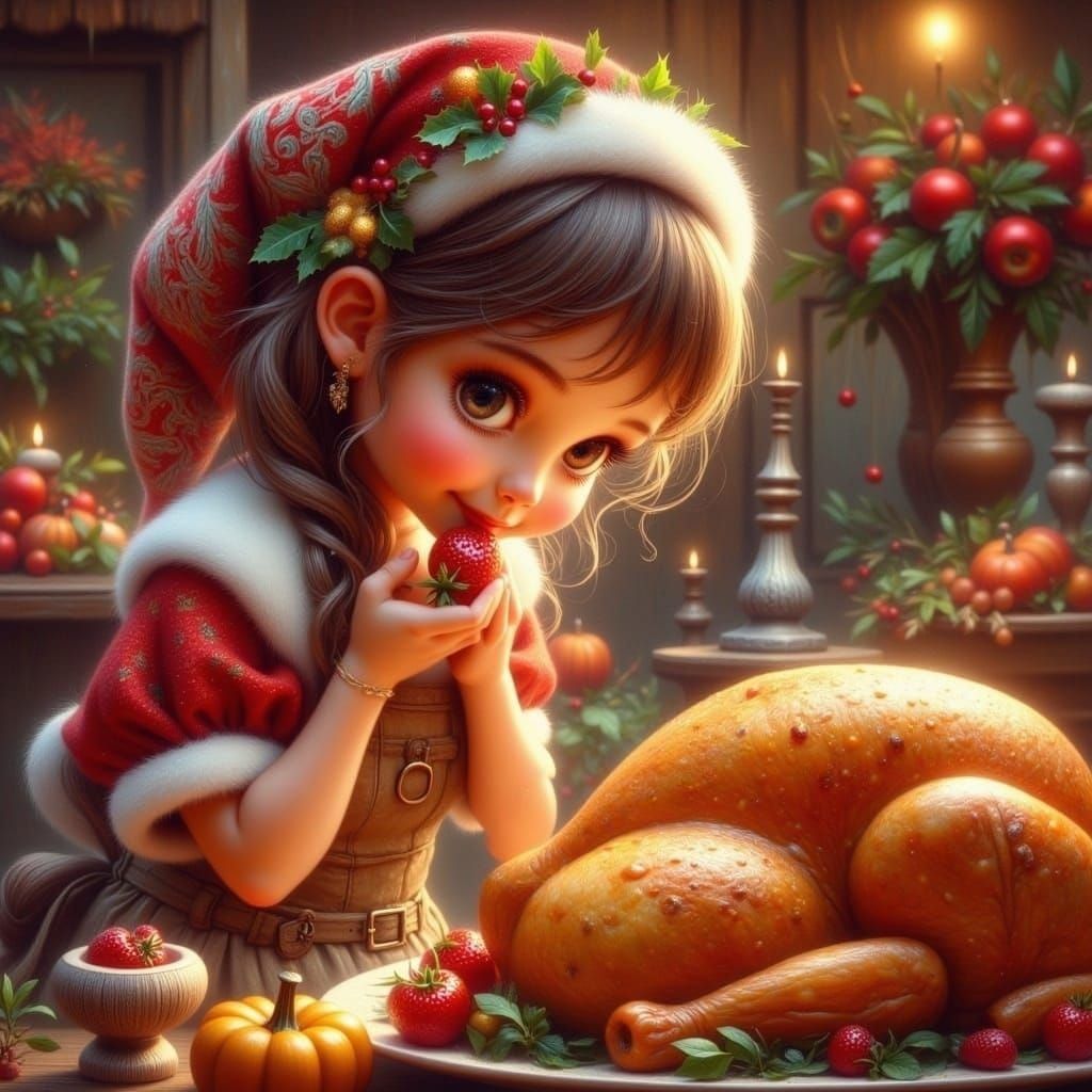 Cute Girl Steals Thanksgiving Turkey, Fantasy Concept Art
