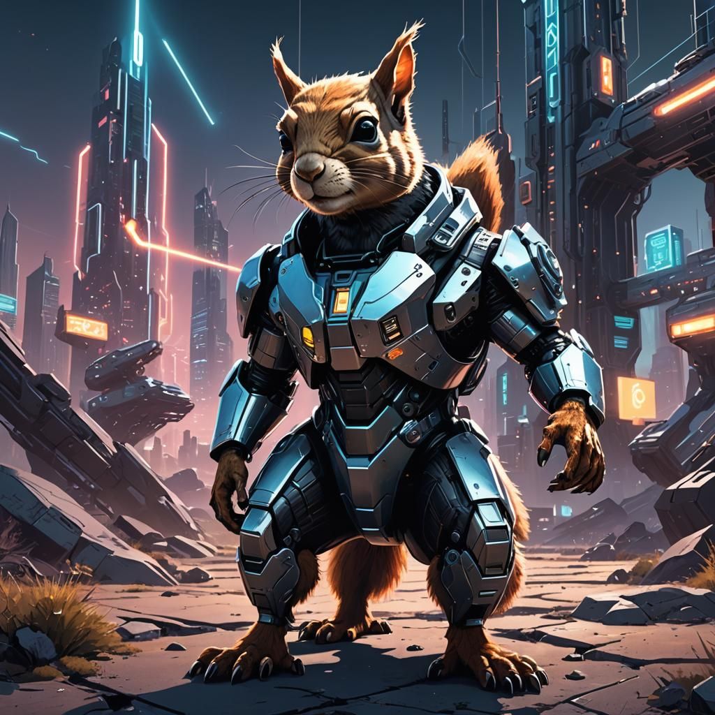 Squirrel Warrior in Sci-Fi Landscape