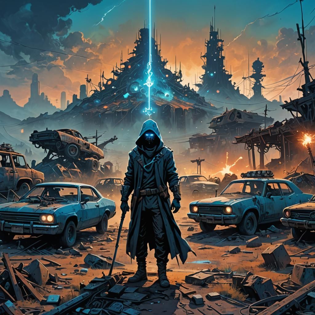 Science Fantasy Figure in Post-Apocalyptic Wasteland