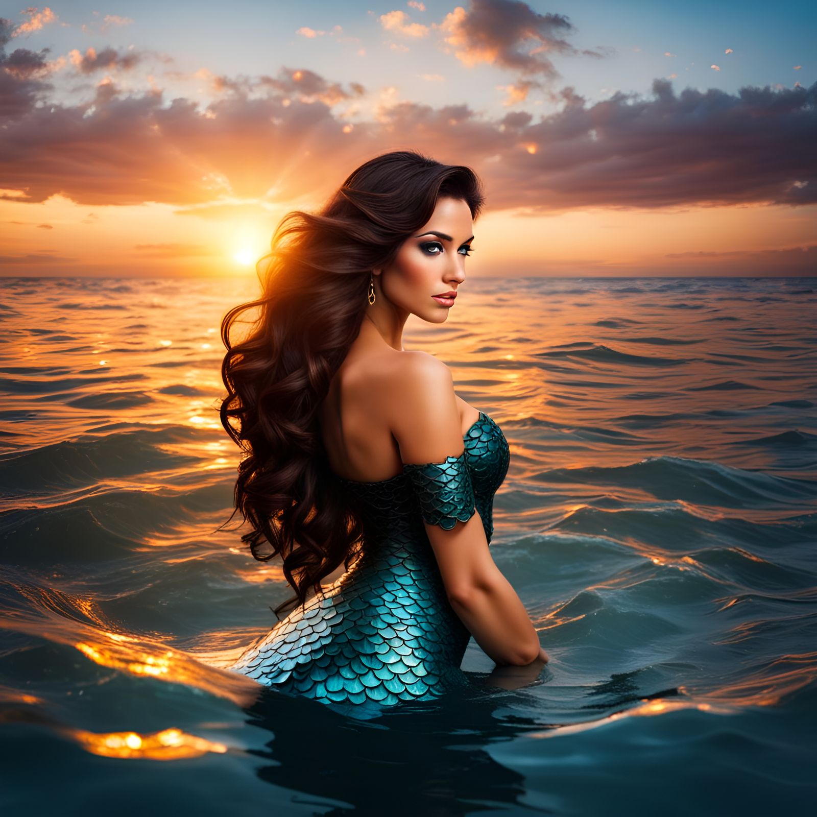 Brunette Mermaid in Beautiful Sunset Scene