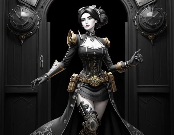 Steampunk Woman in Doorway, Lichtenstein Style Line Art