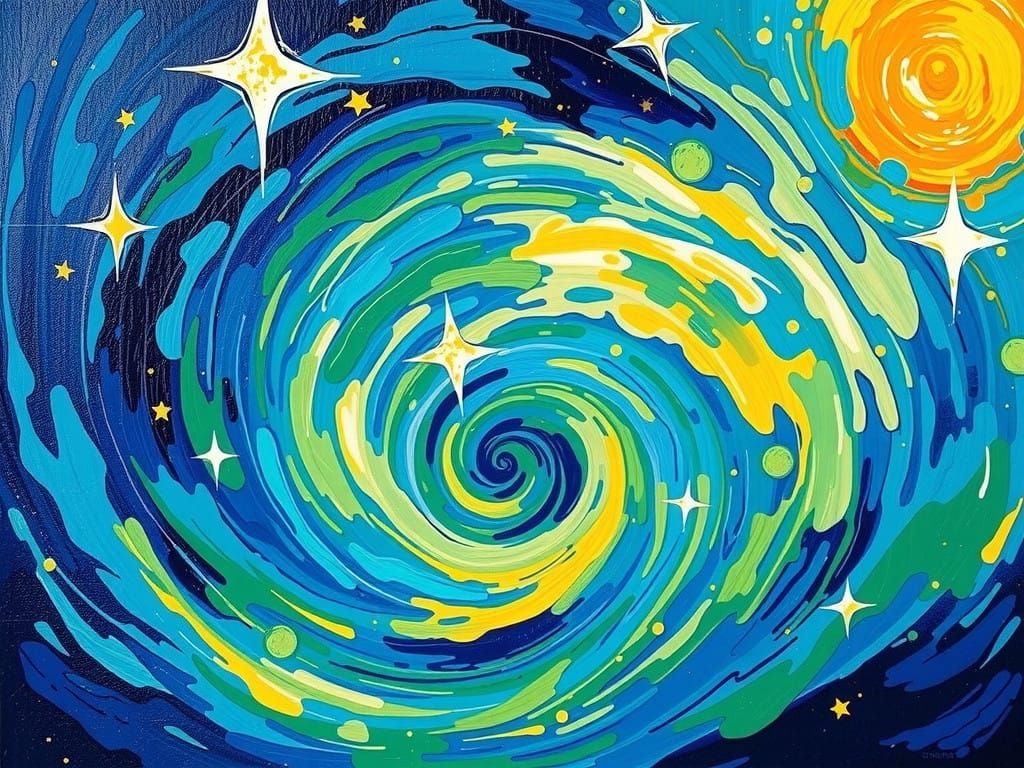 Vibrant Starry Night Sky with Swirling Clouds and Rainbow St...