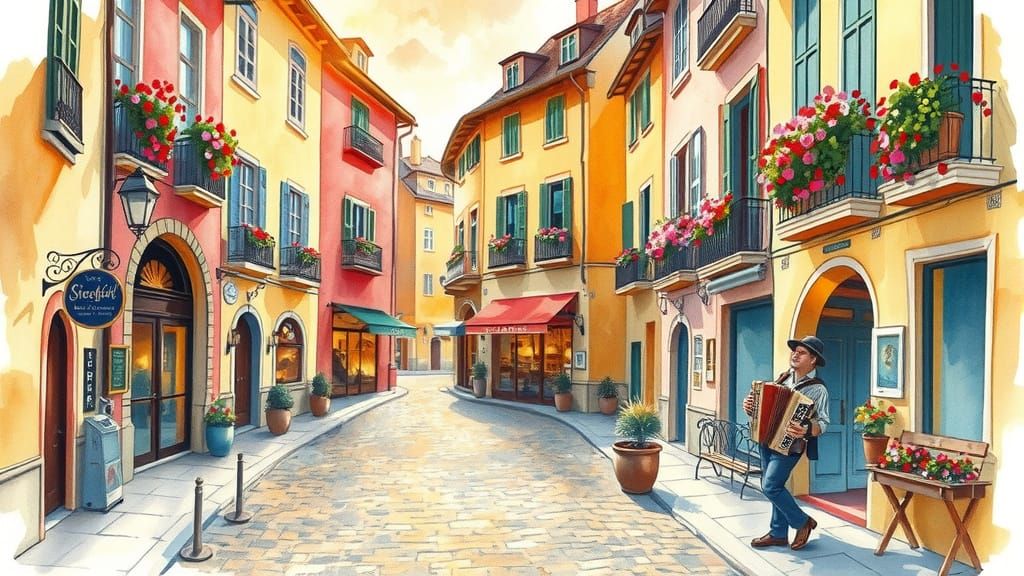 Whimsical Watercolor Of Golden Hour European Town Square