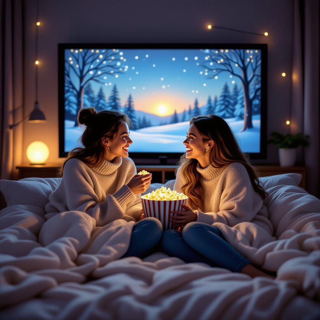 Cozy Movie Night with Friends: Whimsical Art