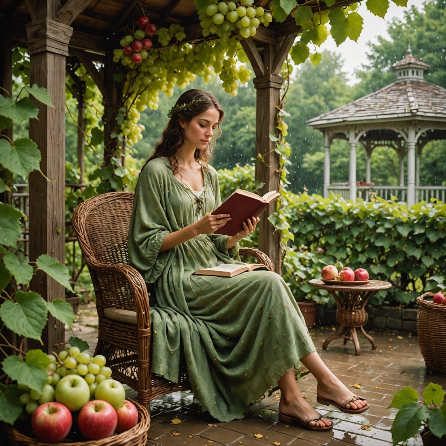 Girl Reading in Rainy Gazebo: Realistic Digital Art