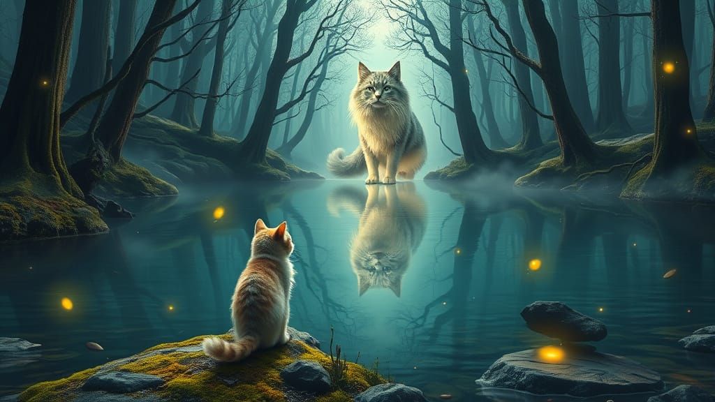 Surrealistic Cat Contemplates its Mystical Reflection in Anc...