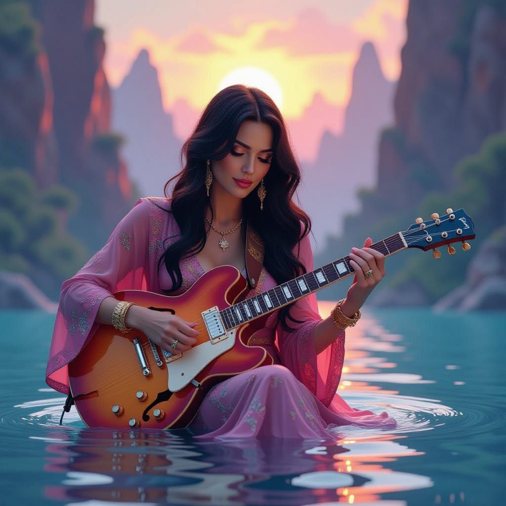 Surreal Goddess of Slide Guitar in Vibrant Dreamlike Backdro...