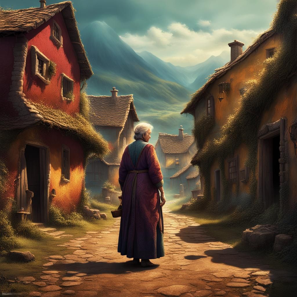 Fantasy Village Scene With Woman, Matte Painting