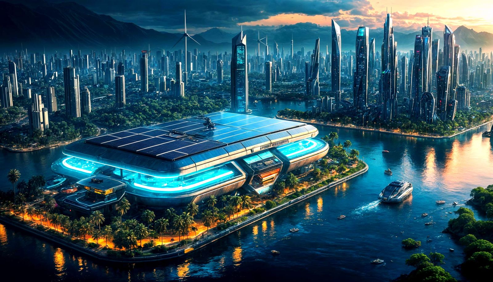 Surreal Solarpunk Island Cityscape in Cyber Fantasy
