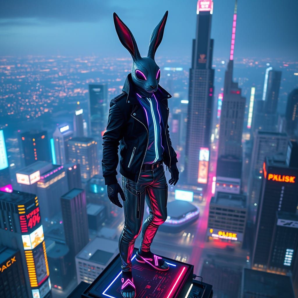 Sleek Cyberpunk Rabbit Rules Futuristic Metropolis