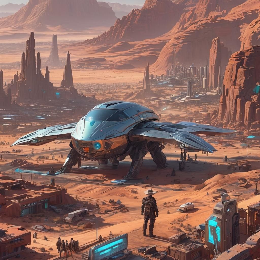 Futuristic Cowboy in Desert City, Cyberpunk Cartoon