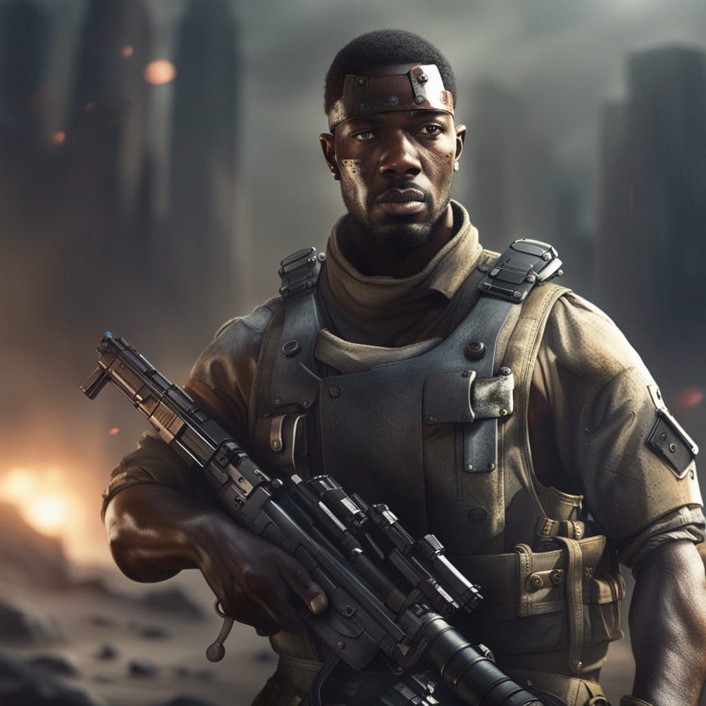 Cybernetic Soldier in War-Torn Battlefield: 8k Concept Art