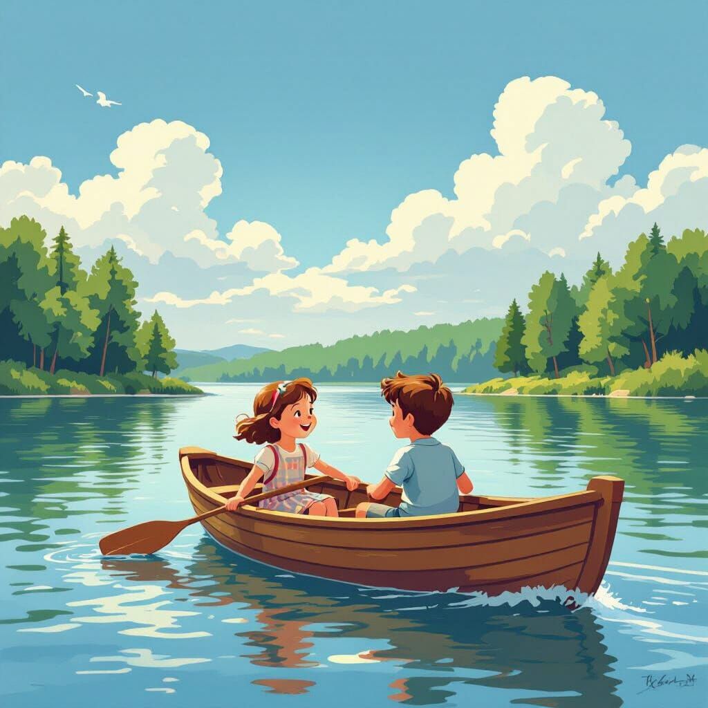 Children's Book Style Boat Ride on Sunny Lake