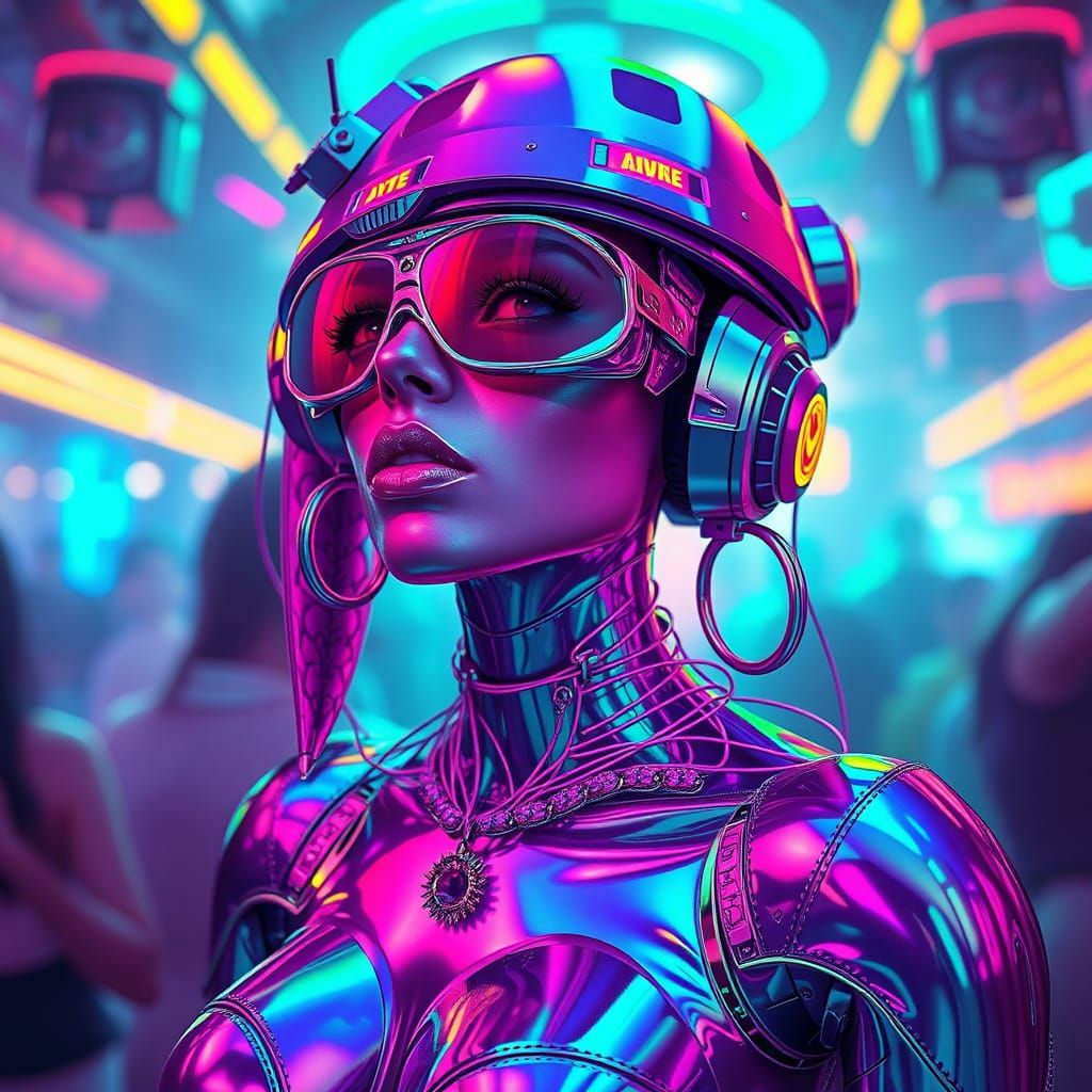 Ethereal Femme Bot Shines in Neon-Lit Sci-Fi Rave Party Artw...