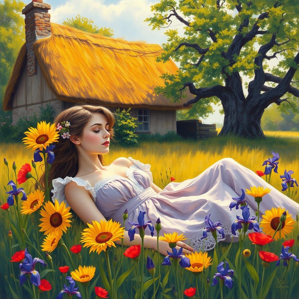 Serene Garden Scene with Young Woman, Impressionistic Oil Pa...