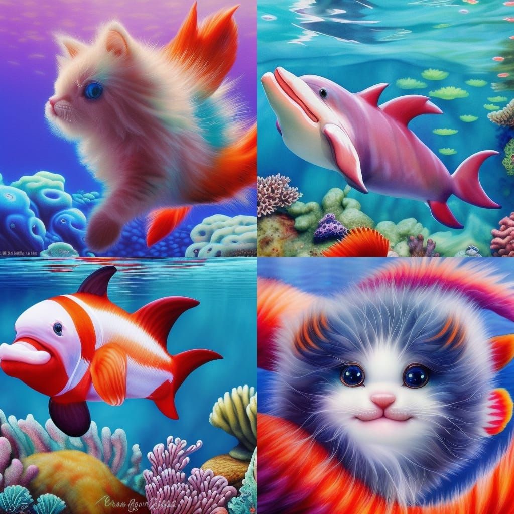Adorable Kitten-Dolphin Hybrids in Underwater Fantasy Art