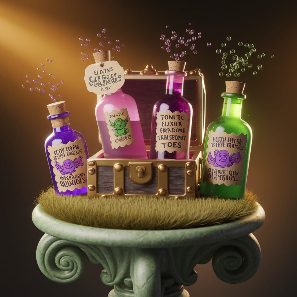 Vintage-Styled Wooden Chest with Whimsical Potions and Bubbl...